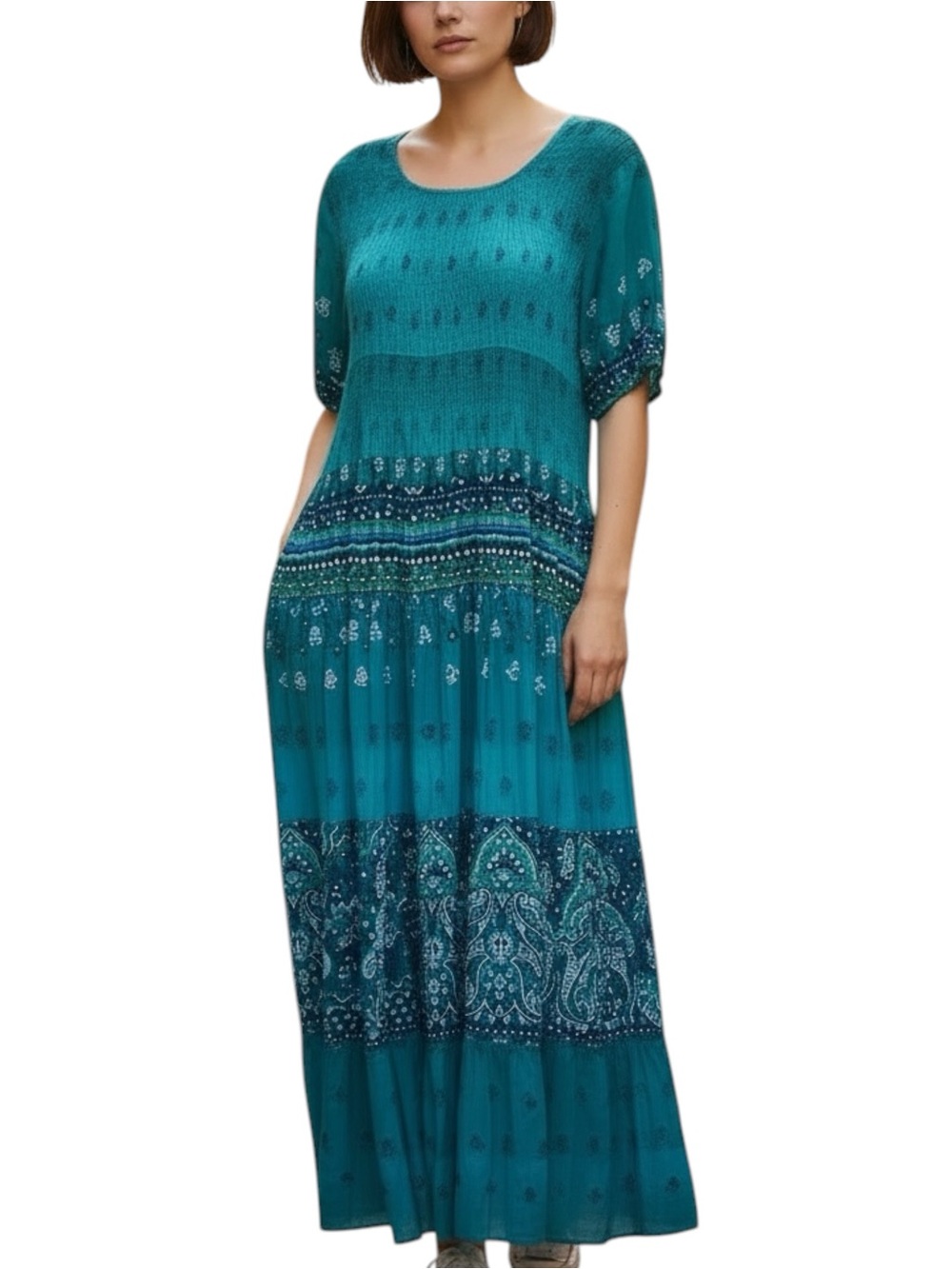 VTG Phool Turquoise Cotton Block Print Peasant Boho Maxi Smocked Dress  - Large